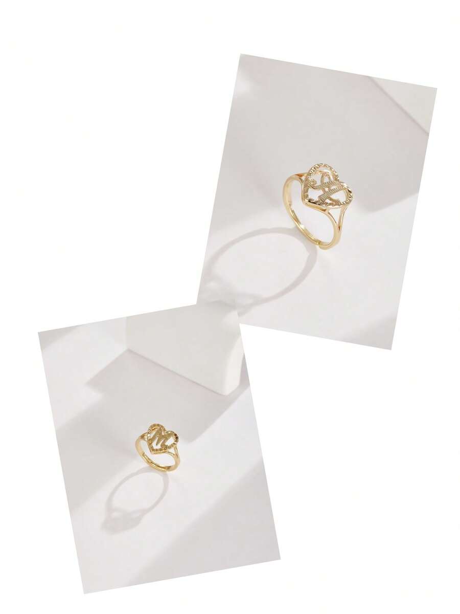 2 piezas Anillos con letra de corazón hueco, estilo de lujo americano, accesorios ajustables versátiles y apilables, anillos a juego para pareja/mejores amigos