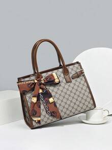 Multi-Color Plaid PU Handbag Crossbody Zipper Bag, Fashionable Versatile Large Capacity Elegant Middle-Aged Women's Bag 3 Pieces Set For Daily Outings - Grey - View 7