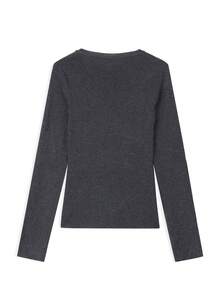 Women's Fitted Long Sleeve Knit Top With Square Neck And Half-Open Collar, Korean Style Casual Versatile Base Layer Top For Autumn - Dark Grey - View 5