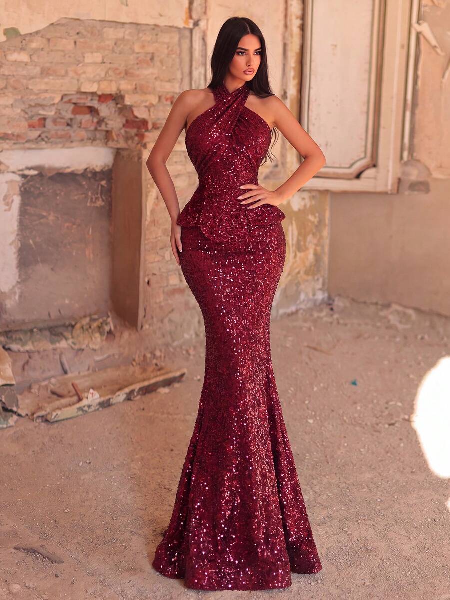 Shiny Red Sequin Halter Neck Long Mermaid Dress, Charming Sleeveless Bodycon Design Evening Gown, Suitable For Formal Occasions, Dinner Parties, Events - Burgundy - View 1