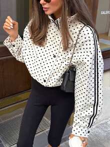 Chaqueta de estilo Hot Girl con ajuste relajado y lunares, cremallera y solapa con botones, cortavientos fino, prenda exterior casual corta de lunares vintage - Blanco - Ver 5