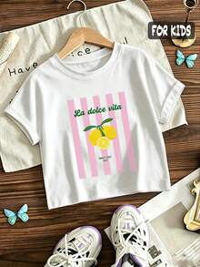 Charming Girls' Lemon Print T-Shirt With Pink Vertical Stripes And 'La Dolce Vita' Amalfi Coast Script - White - View 5