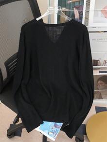 Women's V-Neck Long Sleeve Fitted Knit Sweater, Autumn/Winter Style, Simple Casual, Suitable For Daily Commute, Long Sleeve Top - Black - View 6