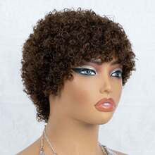 AMECIRE Women's Short Hair Wig Curly Wig Brown Wig Pixie Cut Wig Human Hair Wigs With Bangs Elastic Mesh Cap Suitable For Everyday Wear And Holidays - S4 - View 7