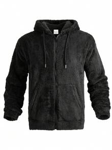 Men's Solid Color Fleece Zip-Up Hoodie With Drawstring, Winter Warm Casual Jacket - Black - View 4