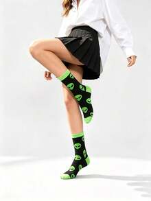 1/3 Pairs Street Style Alien Print Mid-Calf Socks, Unisex, Black And Green Contrast Color Alien Head Pattern, High Elasticity, Moisture-Wicking, Casual Socks, Hip-Hop Style, Matches Cargo Pants And Sneakers, All-Season Wear - Multicolor - View 3