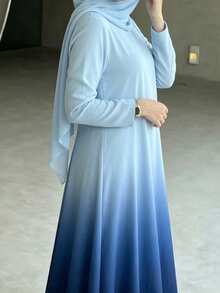 Elegant Gradient Color Long Sleeve Round Neck Knit Fabric Arabic Style Maxi Dress, Solid Blue Gradient Long Dress, Casual Loose Hem Muslim Maxi Dress - Blue - View 4