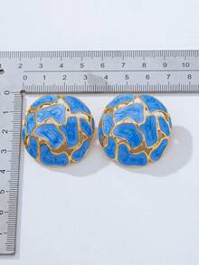 1 Pair Vintage French Style Colorful Enamel Stud Earrings, Gold Foil Cracked Design Hemisphere Earrings, Gentle Elegant Versatile Style - Baby Blue - View 2