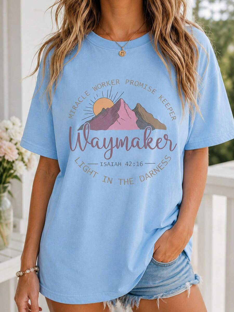 Women's Waymaker Christian Faith T-Shirt - Miracle Worker Promise Keeper Short Sleeve Round Neck Casual Church Wear With Jesus Name & Religious M - Sky Blue - 查看 1