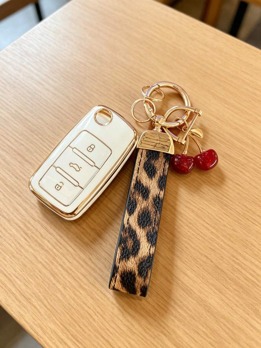 適用於鑰匙套與鑰匙圈，汽車鑰匙收納架，Sprinter、Polo、Lavida、Golf、Polo、Smart 遙控鑰匙保護殼，軟殼保護您的汽車鑰匙免受刮傷，汽車鑰匙裝飾櫻桃吊飾豹紋圖案，時尚鑰匙搭配 - 豹紋櫻桃腕帶 - 查看 1
