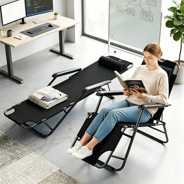Foldable Reclining Lounge Chair With Armrest & Pillow Multi Position Adjustable 61cm Wide Oxford Fabric Portable Chaise For Office Beach Camping Lunch Break ﻿