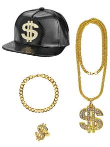 4Pcs D EXCEED 80s 90s Hip Hop Costumes Outfit Kit Fake Gold Chain Necklace Dollar Sign Cap Jewelry Set Rapper Accessories - Multicolor - View 8
