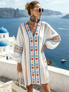 Women's Casual Bohemian Embroidered Long Sleeve Short Asymmetrical Hem Woven Non-Stretch Dress - White - View 2