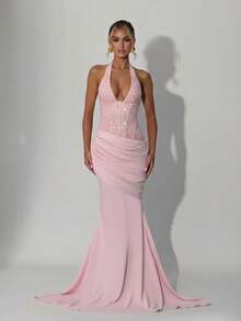 Sleeveless Solid Color Sexy Zipper Asymmetric/Asymmetrical Backless Party Wedding Dress - Pink - View 2
