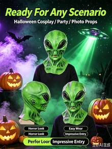 Full Head Green Alien Latex Mask, Realistic Extraterrestrial Cosplay Mask, Breathable Halloween Party Dress Up Prop, Funny Prank Gift Photography Booth Prop For Adults Men - Multiple Styles - View 8