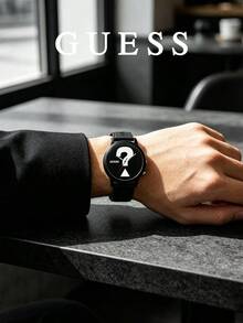GUESS 啞光黑一體式錶殼 巨型問號錶盤 壓紋 Logo 矽膠錶帶 雙針中性石英手錶 V1041M2 - 黑色 - 查看 3