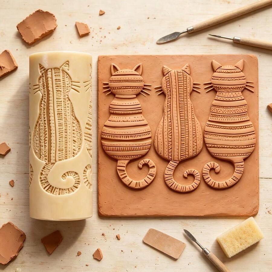 1pc Striped Cat Texture Roller - Plastic Relief Stick With Cat Pattern, Suitable For Pottery And Ceramic Crafts, DIY Clay Seals, Can Be Used For Coasters, Pendants, Jewelry Making, Sculpture Creation - Durable, Can Be Used For Halloween And Christmas - Striped Cat Texture Roller 1pc - View 1