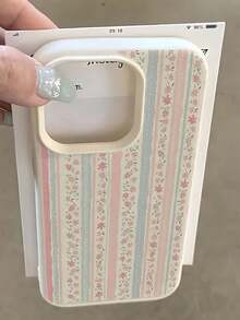 [Fast Local Shipping] 1pc Striped Minimalist Pattern TPU Shockproof White Floral Blue Pink Fashion Phone Case Compatible With Apple IPhone16 15 14 IPhone13 12 11 Pro Max Series International Version Spring Birthday Gift - 圖片1PCS - 查看 1