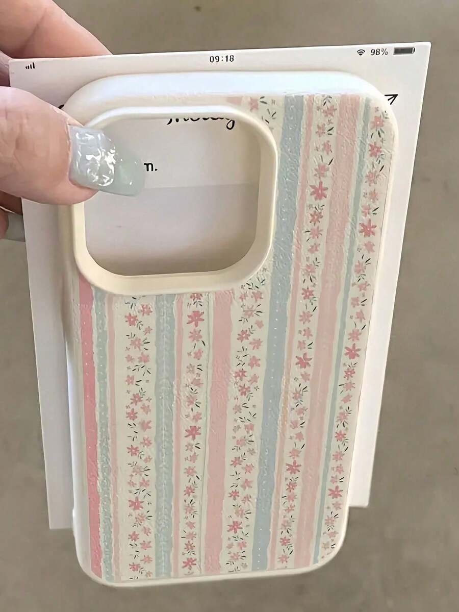 [Fast Local Shipping] 1pc Striped Minimalist Pattern TPU Shockproof White Floral Blue Pink Fashion Phone Case Compatible With Apple IPhone16 15 14 IPhone13 12 11 Pro Max Series International Version Spring Birthday Gift - 圖片1PCS - 查看 1
