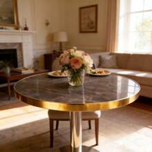 Modern Round Side Table With A Gold Stainless Steel Frame And Marble-Look Top For The Living Room, Luxury Side Table With A Sturdy Base. - 灰色 + 中密度纖維板 - 查看 5