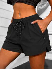 Women's Summer New Sports Shorts, Elastic Waistband With Drawstring, Zipper Pockets Bermuda Shorts Black - Black - View 8