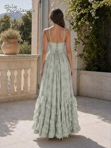 Green Floral Chiffon V-Neck Backless Tiered A-Line Maxi Dress - 綠色 - 查看 5