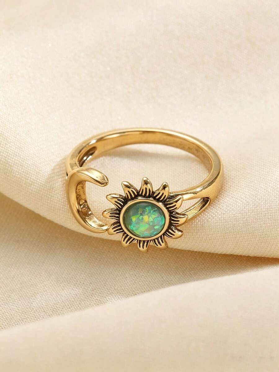 1 Peça Anel de Pedra Olho de Gato Criativo e Fashion, Anel de Joia Minimalista Casual Versátil Personalizado com Estilo Vintage Desgastado para Mulheres, Adequado para Uso Diário, Reuniões e Deslocamento - cor dourada antiga - Visão 1