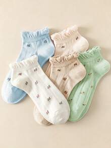 1/5 Pairs Women's Spring/Summer Macaron Ditsy Floral Ruffle Edge Casual Pastoral Style Short Socks, Suitable For Home And Daily Wear - Multicolor - View 4