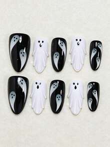 Show Your Beauty 10pcs Almond Shaped Halloween Y2K Design 3D Gel Elegant Cool Black & White Contrast Horror Ghost Gradient Line French Glossy Shiny Bright White Fake Nails Fashion Versatile Wearable Nails Suitable For Dating Party Spring Summer Women & Girls Autumn Winter Daily Wear Removable Press-On Nail Set With Jelly Glue & Nail File Easy To Apply & Durable Jelly Glue Randomly Sent - Black and White - View 2