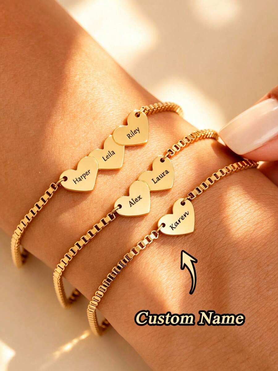 1PC Personalized Multi-Name Heart Bracelet, Stainless Steel Bracelet, Customized Name Bracelet, Newborn Family, Gift For Mom And Grandma, Multi-Name Christmas Gift, Customized Bracelet, Gift For Girlfriend, Personalized Jewelry Gift, Fashion Gift, Personalized Birthday/Anniversary Gift For Her/Him