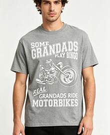 Men's Cotton Biker Grandpa Bingo Motorcycle T-Shirt, Streetwear Summer Outfit - Light Grey - View 3