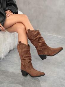 Women's Vintage Pointed Toe Chunky High Heel Tall Boots, Western Style Suede Fashion Boots, Ruched Stacked Slimming Boots, Autumn/Winter, Runs Small - Brown - View 6