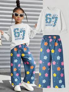 2pcs Set Suitable For Girls, Crew Neck Sweatshirt And Denim Like Floral Bow Wide Leg Pants Outfit, Printed Denim Like Number 67 Pattern Crew Neck Sweatshirt + Denim Like Floral Bow Wide Leg Pants Matching Set, Suitable For Autumn/Winter Daily Wear - Multicolor - View 10