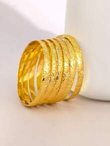 6pcs Cross-Border Fashion Hot-Selling Gold-Plated New Unique Design Engraved Flower Layered Bracelets - Multicolor - View 2