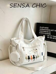 Sac à bandoulière multi-poches avec motif chat mignon & floral, sac bandoulière à large sangle réglable, sac fourre-tout décontracté et doux, convient pour les trajets quotidiens - Blanc - Voir 9