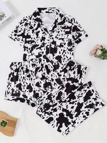 3pcs/Set Women's Knit Cow Print Open Front Pajama Set, Wearable Loungewear - White - View 1