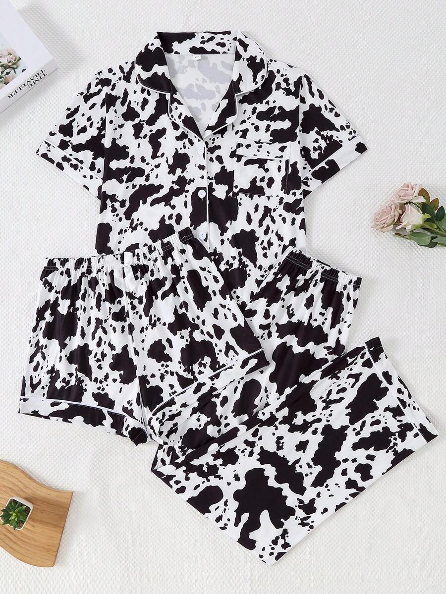 3pcs/Set Women's Knit Cow Print Open Front Pajama Set, Wearable Loungewear - White - View 1