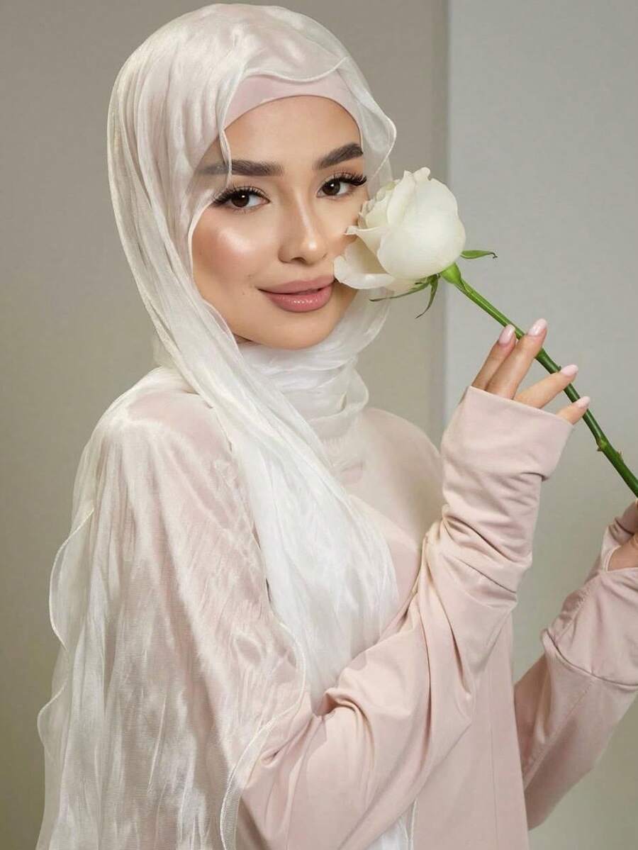 1pc Solid Color Breathable Ruffle Soft Headscarf, Bright Elastic Wrinkle-Resistant Spring Summer Headscarf - Multicolor - View 1