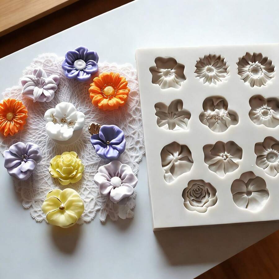 1PC 11 Hole Flower Shaped Decorative Clay Mold, Shooting Decorative Props, Resin Liquid Handmade Decorative Accessories, Simple Demolding, Reusable Silicone Mold, Non Food Contact - Beige - View 1