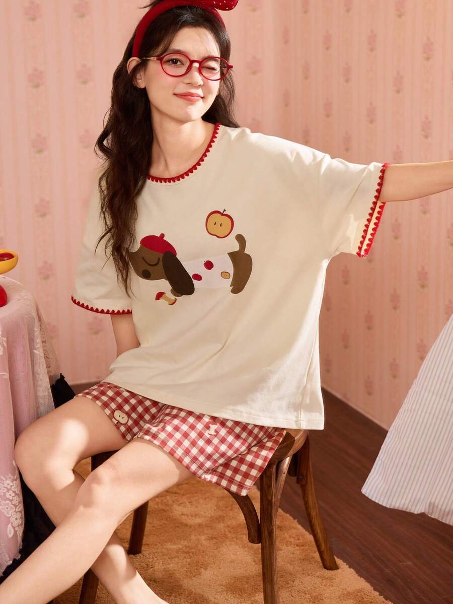 2pcs/Set Women's Pajamas Loungewear Set, Cute Puppy Print Pattern Simple Casual Japanese Style Fashion Pullover Round Neck Short Sleeve Shorts, Comfortable For Home Wear - Multicolor - View 1