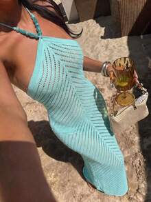 女款 Y2K 仿珍珠裝飾掛脖長洋裝，性感藍色綁帶波希米亞修身洋裝，夏季海灘與派對度假穿搭 - 薄荷藍 - 查看 3