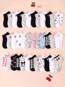 12/24 Pairs Random Style Ankle Socks For Baby, Cute Cherry Bow Pattern, Plaid Polka Dot Pattern, Baby Stuff, Baby Girl Essential, Girls Socks, Newborn - Multicolor - View 1