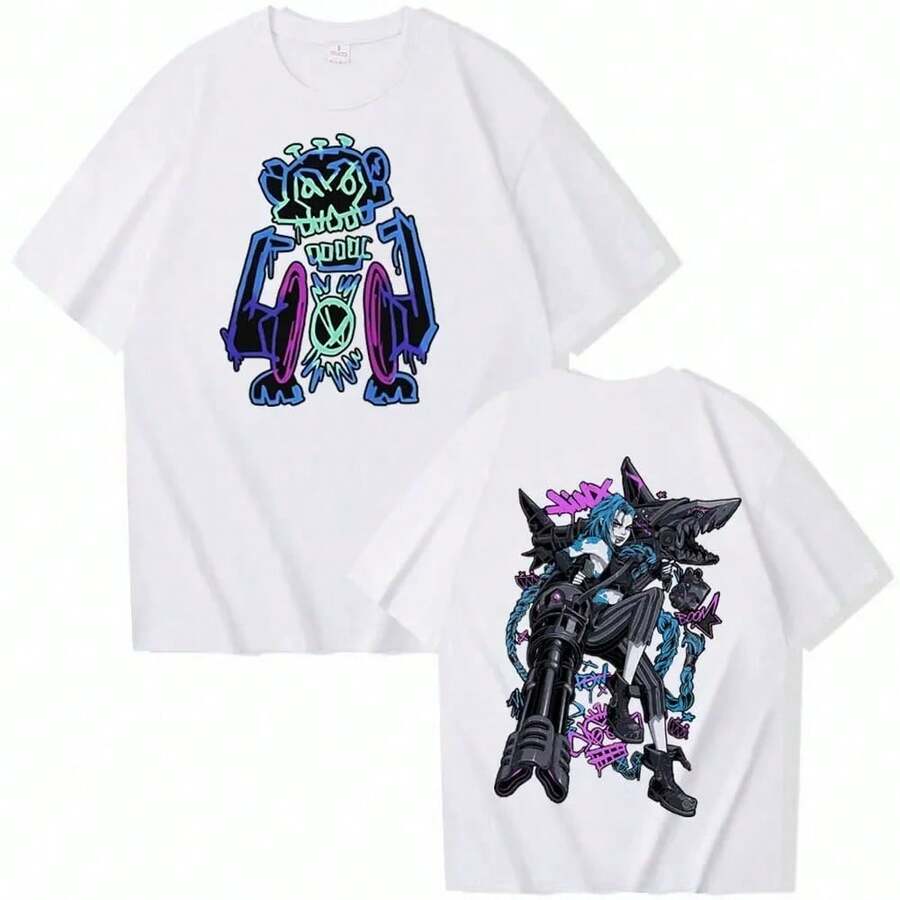 Arcane Jinx Graffiti T-Shirt, Unisex-Harajuku-Stil, Rundhalsausschnitt, lässiges Sommer-Gaming-T-Shirt - WEISS2 - Übersicht 1