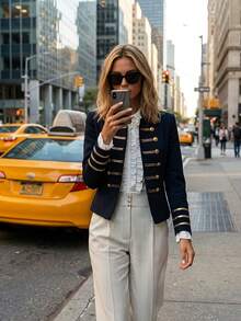 Women's Navy Style Long Sleeve Button Jacket - Navy Blue - View 3