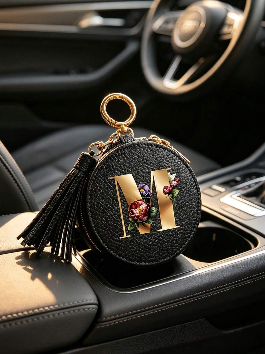 Floral Pattern Key Pouch, Multifunctional Earphone Bag, Data Bag, With Gold 26 Letters A-Z Pattern, Zipper Key Storage Bag, PU Faux Leather Organizer Bag, Zipper Bag, Car Key Storage Bag, Car Keychain, Portable Compact Key Pouch, Minimalist Design, Travel Accessory, Elegant Jewelry, Suitable For Home, Office, Travel, Car, Ideal Gift For Friends, Family, Couples Wedding, Mother's Day - Multicolor - View 1