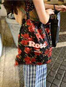 French-Inspired South Seas-Style Canvas Bag With Vintage Red Roses, Shoulder Strap, Large Capacity Perfect For Daily Commuting And Business Use - Rose Red - View 10