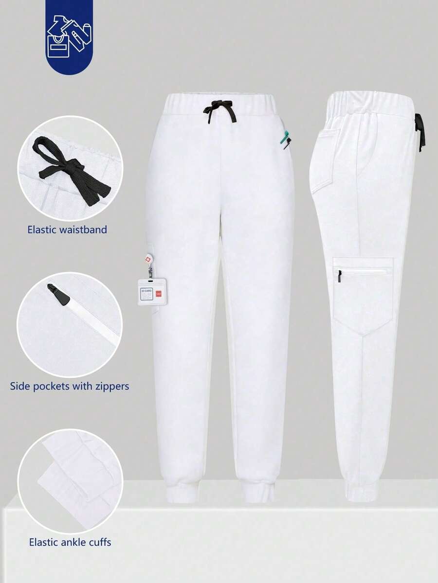 cimmuovere Pantalones de trabajo de cintura alta y ajuste delgado - Diseño de múltiples bolsillos - Pantalones delgados y transpirables - Bolsillos con cremallera lateral - Dobladillo elástico blanco primaveral - Blanco - Ver 1