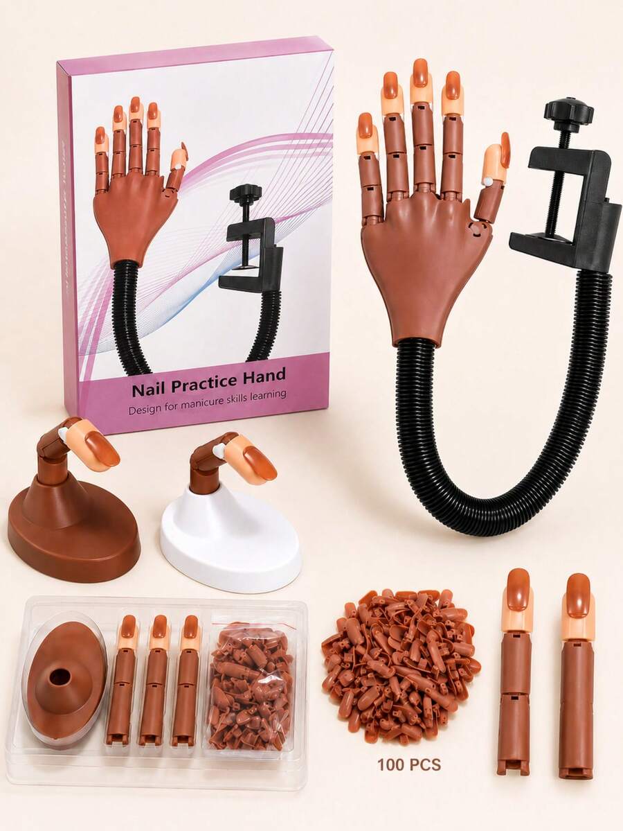 1 set Kit de práctica de uñas acrílicas, herramientas de entrenamiento de manicura con base, 3 dedos falsos ajustables, 100 puntas de uñas marrones & cortador de puntas, modelo de mano de práctica móvil para entrenamiento de arte de uñas, práctica de salón, aprendizaje DIY, regalo para estudiantes de técnica de uñas - Multicolor - Ver 1