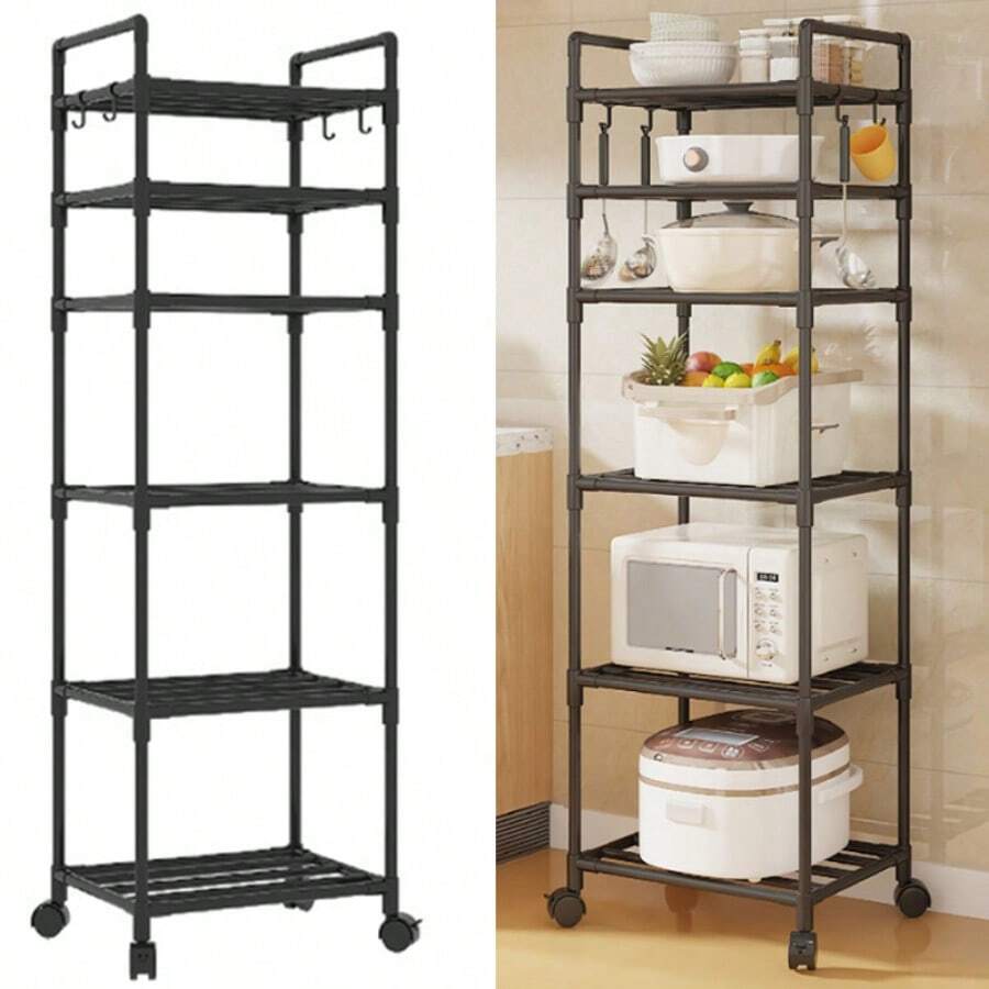 6 Tier Racking Heavy Duty Shelving Storage Shelves With Wheels Bathroom Kitchen - Black - View 1