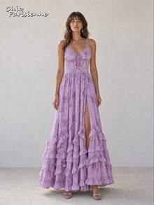 Purple Floral Chiffon V-Neck Backless Tiered A-Line Maxi Dress - 紫色 - 查看 7